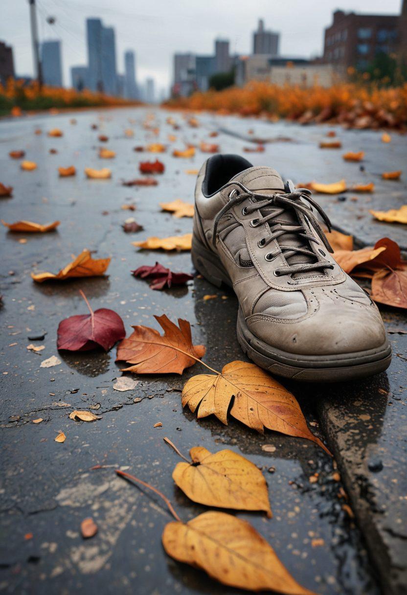 A close-up of a worn-out pair of shoes resting on a cracked pavement, surrounded by wilted flowers and autumn leaves, symbolizing the weight of emotional struggles. In the background, a somber, hazy cityscape under a grey sky conveys a sense of melancholy. The shoes should be detailed, with visible scuffs and tears, reflecting the journey of heartache and resilience. moody lighting. super-realistic. muted colors.