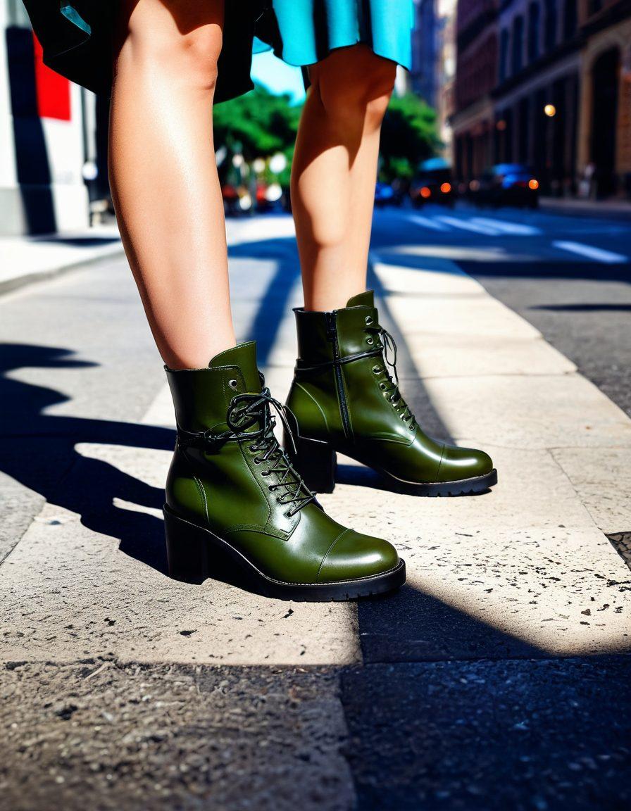 A stylish pair of ankle boots standing confidently on a cracked sidewalk, symbolizing resilience. Beside the boots, tangled laces morph into delicate ropes, representing bondage yet showcasing a sense of liberation. The background includes shadows of bustling city life, reflecting the struggle and triumph of individuals. The color palette is a blend of earthy tones and vibrant pops of color for contrast. super-realistic. vibrant colors. urban setting.