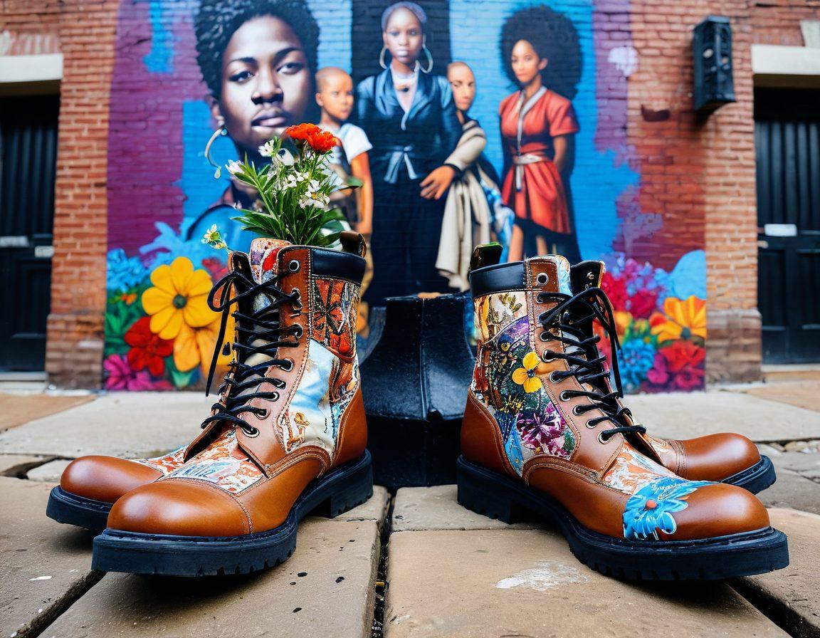 A powerful image showcasing diverse pairs of boots, each pair representing a unique story and struggle, standing on a cobblestone street littered with subtle symbols of resilience and defiance. In the background, an urban mural of diverse individuals, each depicting their journey against oppression, loosely tied to the boots in the foreground. The scene is illuminated with soft, warm light, highlighting the textures of the boots and mural, evoking a sense of hope and strength. super-realistic. vibrant colors. urban style.